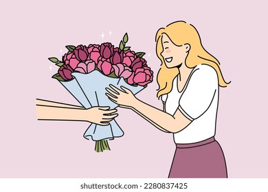 Excited woman get flowers from courier or deliveryman. Smiling girl receive floral bouquet for birthday pr anniversary. Vector illustration. 