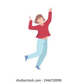 Excited Woman Up with Hands Cheering About Something Vector Illustration