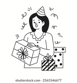 Excited woman holding gift box at birthday linear icon. Lady receiving presents for holiday doodle character doodle thin line illustration