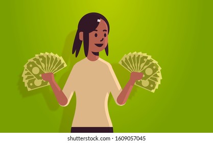 excited woman holding money bills financial success wealth concept african american rich businesswoman with dollar banknotes horizontal portrait vector illustration