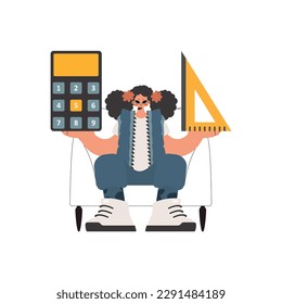 The excited woman holds a ruler and a calculator in her hands, kept on a white establishment. Trendy style, Vector Illustration