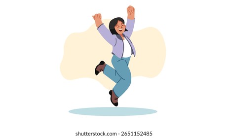 Mulher empolgada saltando para cima com felicidade - Ilustração de vetor