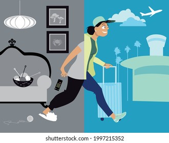 Excited Woman Leaving Her Boring House For Airport, Starting Traveling, EPS 8 Vector Illustration