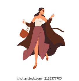 Mujer emocionada mirando en un espejo compacto corriendo. La elegante chica feliz llega tarde a la cita, se apresura, se apresura y se pone la ropa en la marcha. Ilustración vectorial plana aislada en fondo blanco