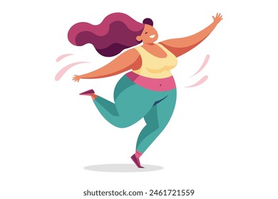 Excited woman moving her fit and curvy body in a fun dance flat vector illustration on white background