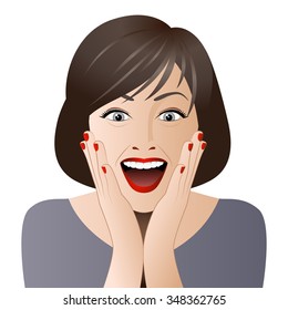 Excited woman portrait for sale, discount banner or advertising poster. Vector illustration