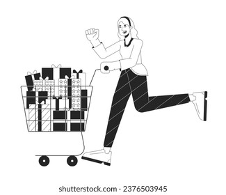 Excited woman pushing shopping cart black and white 2D line cartoon character. Black friday girl isolated vector outline person. Holding shopping trolley presents monochromatic flat spot illustration