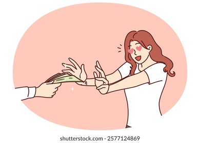 Excited woman reaches for money in man hand for concept of financial reward or payment for services. Young girl joyfully receives first money salary for work performed or goods sold.