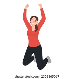 Excited woman rejoices and celebrates triumph, kneeling and raising hands up from joy. Joyful cheerful person winner with positive emotions. Flat vector illustration isolated on white background