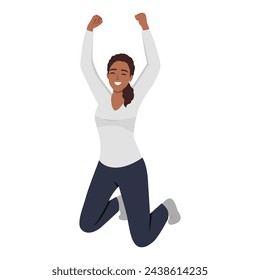 Excited woman rejoices and celebrates triumph, kneeling and raising hands up from joy. Flat vector illustration isolated on white background