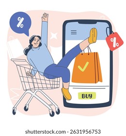 Excited woman in shopping cart raising hand, flat design e-commerce sale illustration