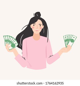 excited woman showing money. succesful, satisfied, winning, shopping concept.