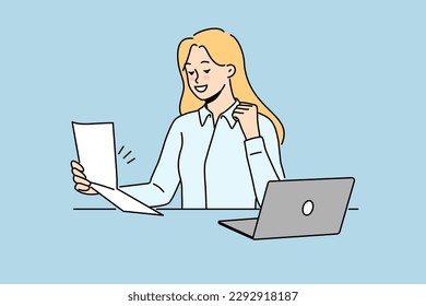 Excited woman sit at desk work on computer read good news in paper letter. Smiling female employee triumph with great message in paperwork correspondence. Vector illustration. 