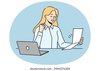 Excited woman sit at desk work on computer read good news in paper letter. Smiling female employee triumph with great message in paperwork correspondence. Vector illustration.