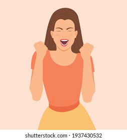 Excited woman smiles with joyful facial expression. Cheering, raising fists in supportive move smiling joyfully. Rejoice success. lucky girl celebrates victory with clenched fists, vector illustration