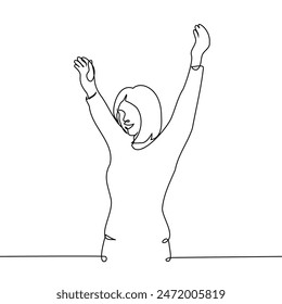 excited woman smiling happily raising both hands up - one line art vector. concept woman glad, happy, positively excited. Handmade vector not AI