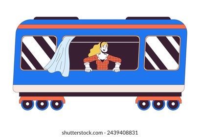 Excited woman from train window 2D linear cartoon character. Blonde caucasian female railway traveller isolated line vector person white background. Railroad passenger color flat spot illustration