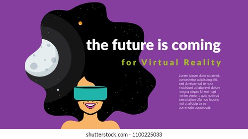 Excited woman wearing vr helmet for space simulation and digital gaming into her head. The future is coming for virtual reality flat vector illustration of innovation hi-tech equipment and users.