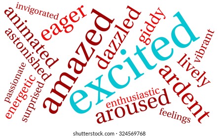 Excited word cloud on a white background. 