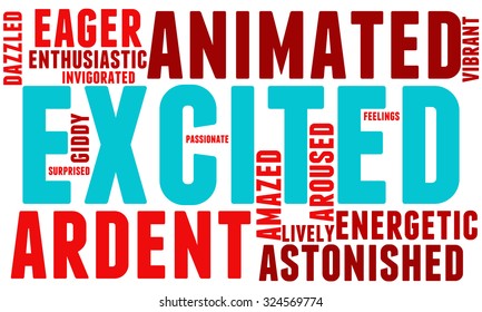 Excited word cloud on a white background. 