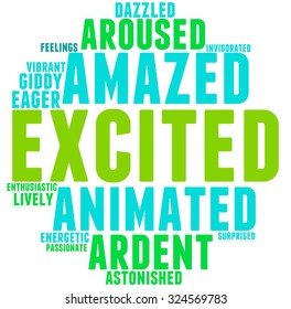 Excited word cloud on a white background. 