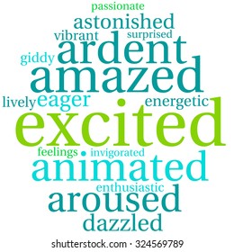 Excited word cloud on a white background. 