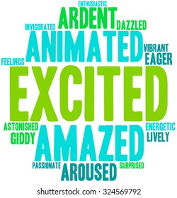 Excited word cloud on a white background. 