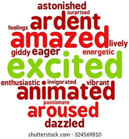 Excited word cloud on a white background. 