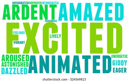 Excited word cloud on a white background. 