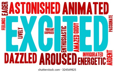 Excited word cloud on a white background. 