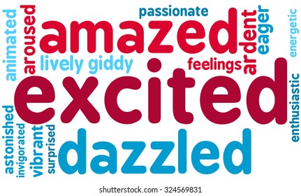 Excited word cloud on a white background. 