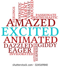 Excited word cloud on a white background. 