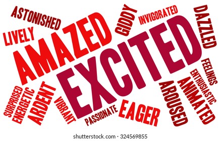 Excited word cloud on a white background. 