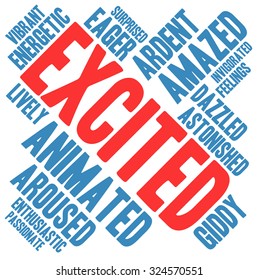 Excited word cloud on a white background. 