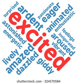 Excited word cloud on a white background. 