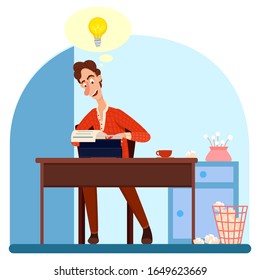 Excited writer cartoon character having idea to finish story about love, adventure. Inspired man author typing fast on typewriter. Copywriting process. Literature creation. Vector flat illustration