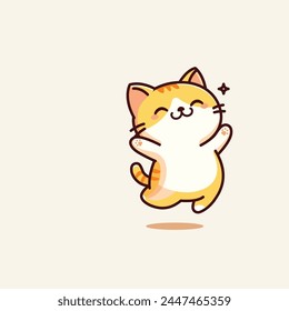 Excited yellow tabby cat jumping up high flat icon illustration, isolated background