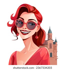Excited young attractive woman with sunglasses happy smiling over ancient italian church, vector illustration in cartoon style. Summer acation, tourism or fashion theme
