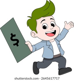 Excited young boy jumping for joy while holding dollar bills, representing financial success and trading profits