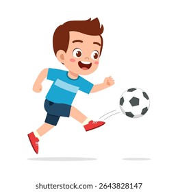 Excited Young Boy Kicking Soccer Ball, Wearing Blue Shirt, Having Fun Isolated on White