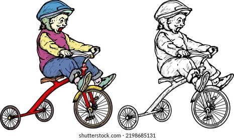 Excited young boy rides a tricycle, isolated against white. Hand drawn vector illustration.