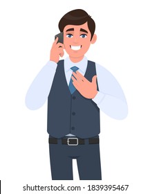 Excited young businessman in waistcoat speaking on the phone and holding hand on chest. Happy trendy person calling to mobile. Male talking over the cellphone. Cartoon design illustration in vector.