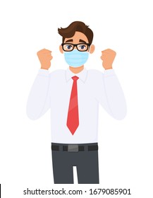 Excited young businessman wearing face medical mask and showing raised hand fist. Trendy person covering surgical mask and gesturing success symbol. Male cartoon design illustration in vector style.