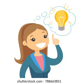 Excited Young Caucasian White Business Woman Pointing Finger Up At The Bright Idea Light Bulb. Concept Of Creative Business Idea And Solution. Vector Cartoon Illustration Isolated On White Background.