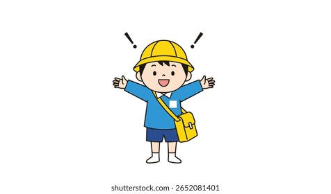 Menina empolgada usando um chapéu amarelo e uniforme azul pronta para a aventura escolar