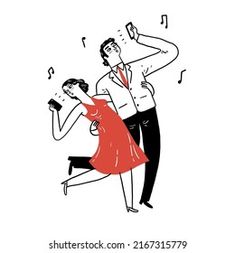 Excited young dating couple having fun dancing with songs, using on smartphones. Hand drawn vector illustration. 