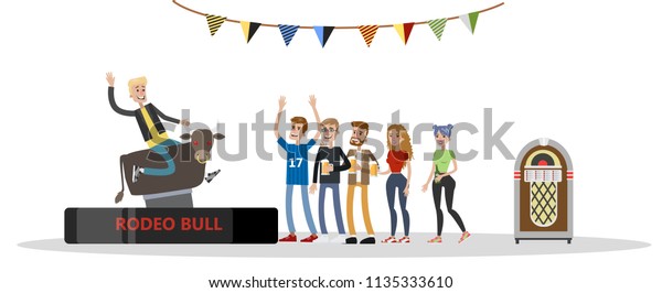 Excited young drunk man riding a\
mechanical bull in the bar. Friends standing around and encourage\
him. Entertainment and fun. Isolated vector flat\
illustration