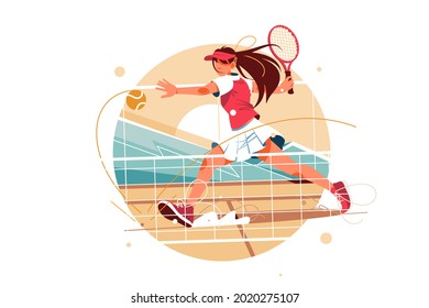 Excited young female tennis player hitting ball using tennis racket. Isolated icon concept of woman in sport playing in game performs achievement. Vector illustration.