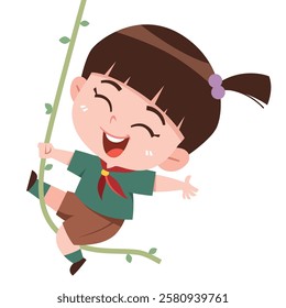 Excited Young Girl Scout Swinging on a Vine Illustration