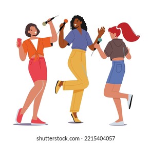 Excited Young Girls Company with Microphones Performing on Karaoke Party. Happy Cheerful Female Characters Singing, Music, Happy Life Moments, Weekend Leisure Hobby. Cartoon People Vector Illustration